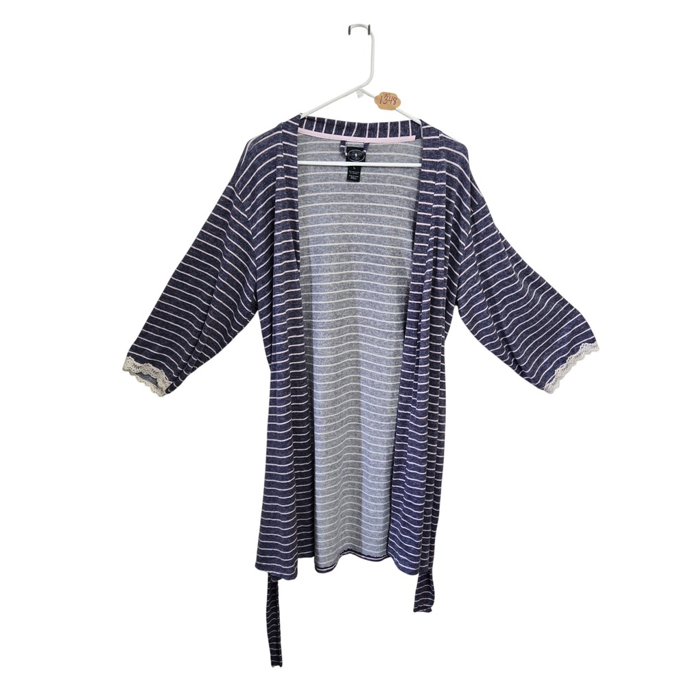 Laura Ashley Women Navy Blue White Striped Short Robe Lace Trim Size L 6056-37